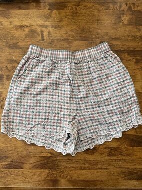 American Eagle, Light Pink/Green/Cream Plaid, Floral Embroidered  Women's Shorts